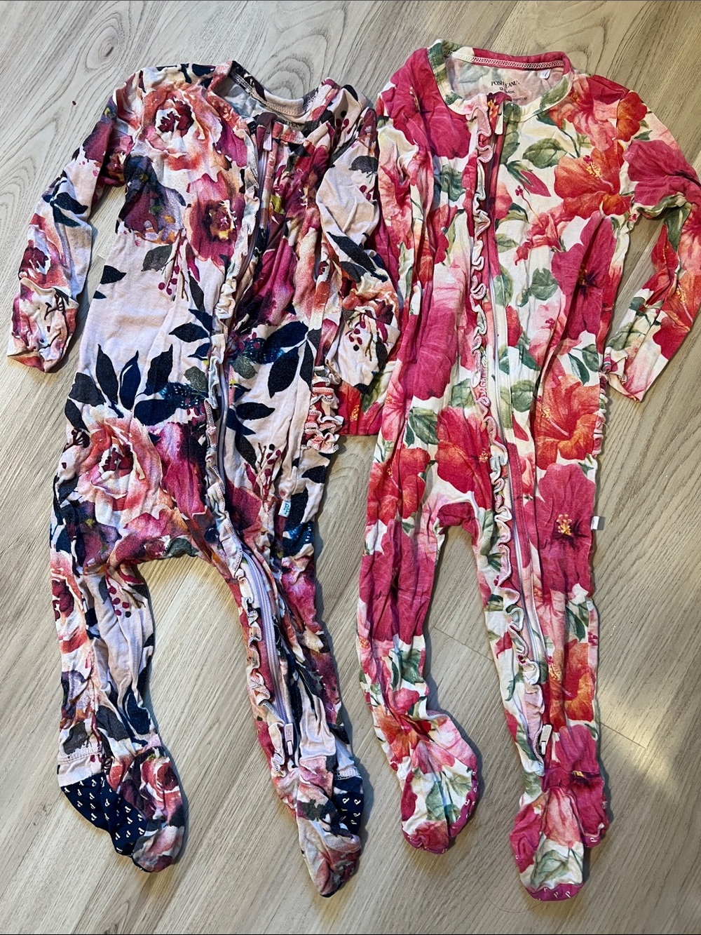Posh Peanut Pink & Navy Floral Zip Footed Rompers Set